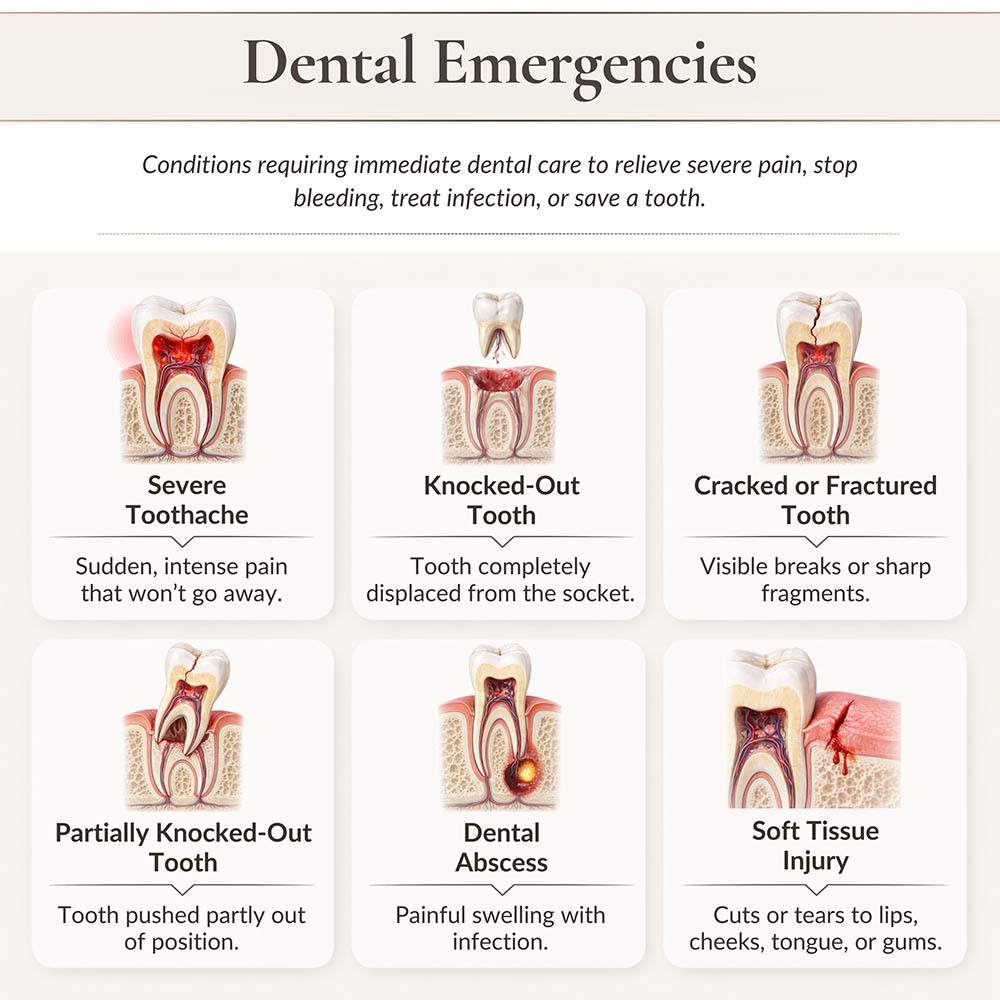 Infographic of common dental emergencies including severe toothache, knocked-out tooth, cracked tooth, dental abscess, partial avulsion, and soft tissue injury at NYC Dentistry Center, 6 E 45th St #801, Midtown East Manhattan.