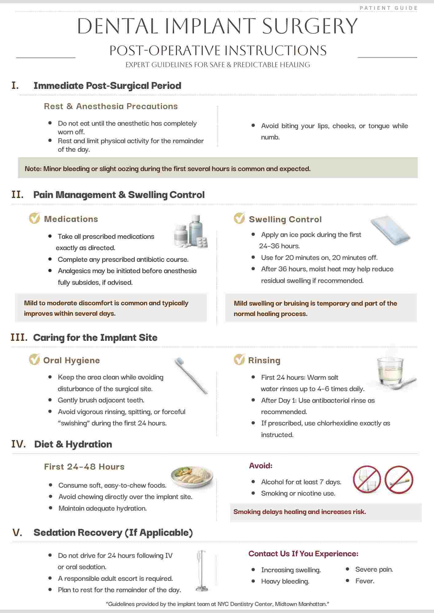 Text-Dental implant post-operative instructions infographic outlining recovery care, swelling control, hygiene guidelines, and sedation safety at NYC Dentistry Center in Midtown Manhattan.