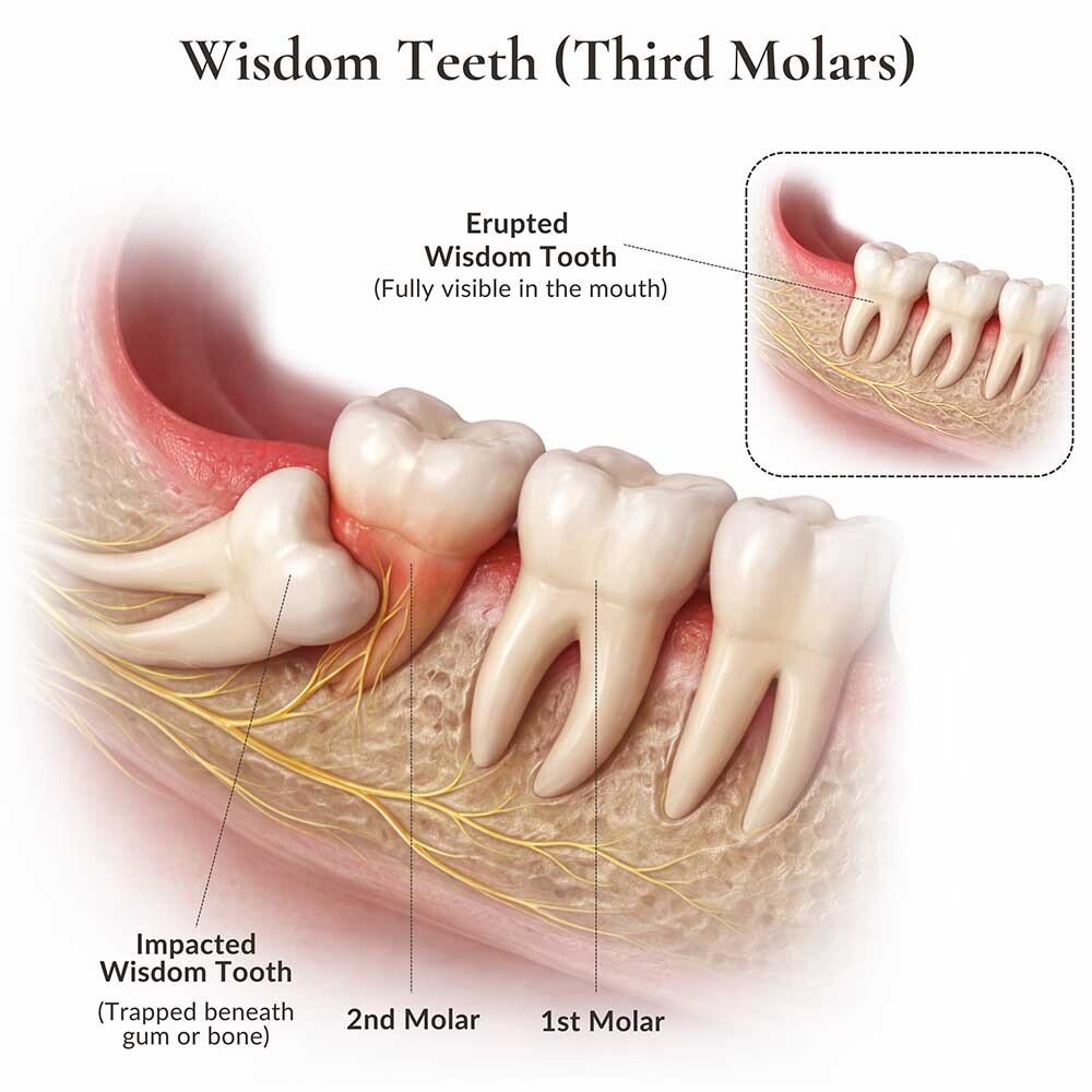 Diagram showing impacted wisdom tooth trapped beneath the gum and bone next to erupted third molar, illustrating molar anatomy and nerve position at NYC Dentistry Center in Midtown East Manhattan.