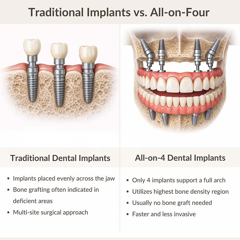 Comparison of traditional dental implants and All-on-4 dental implants showing full-arch support, implant placement, and treatment differences