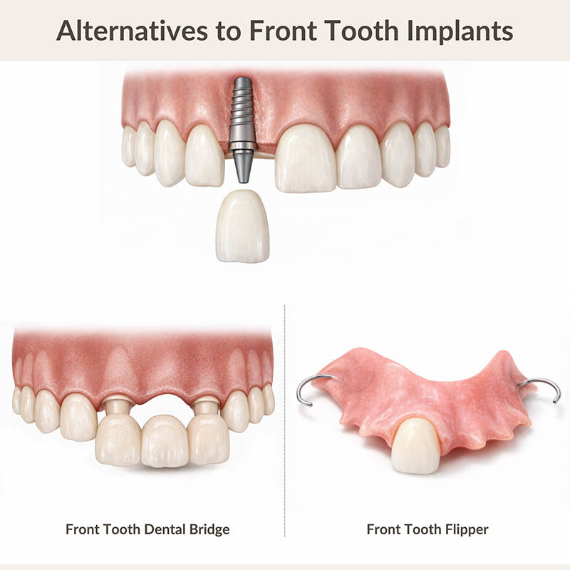 Alternatives to front tooth implants showing dental bridge and removable flipper at NYC Dentistry Center Midtown East Manhattan