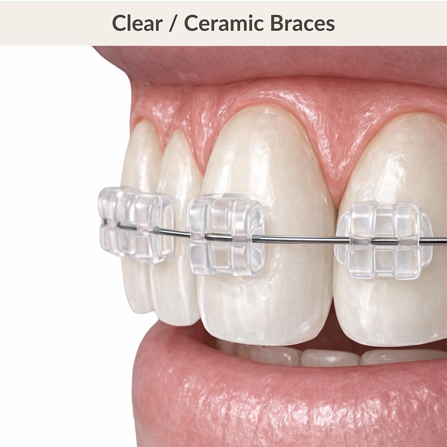 Close-up of ceramic braces with clear orthodontic brackets and archwire bonded to the upper front teeth