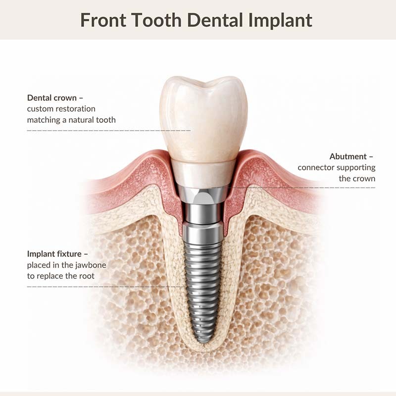 Front tooth dental implant diagram showing crown, abutment, and implant fixture at NYC Dentistry Center in Midtown East Manhattan