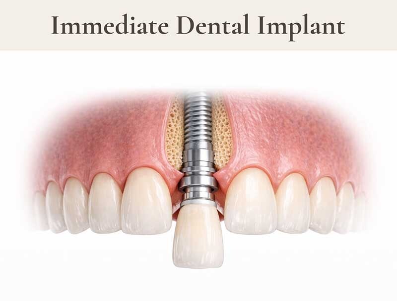 Immediate dental implant placement in the upper front tooth area showing titanium implant, abutment, and temporary crown in the maxillary bone — NYC Dentistry Center.