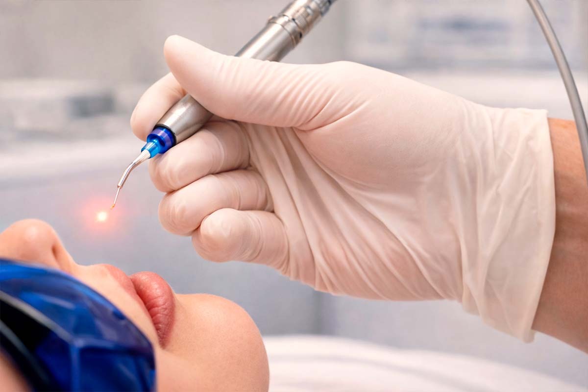 Dentist performing laser dentistry treatment using a dental diode laser near the patient's lips while wearing protective glasses at NYC Dentistry Center in Midtown Manhattan.