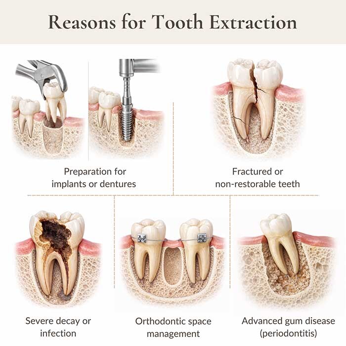 Common reasons for tooth extraction including severe decay, fractured teeth, orthodontic needs, and advanced gum disease