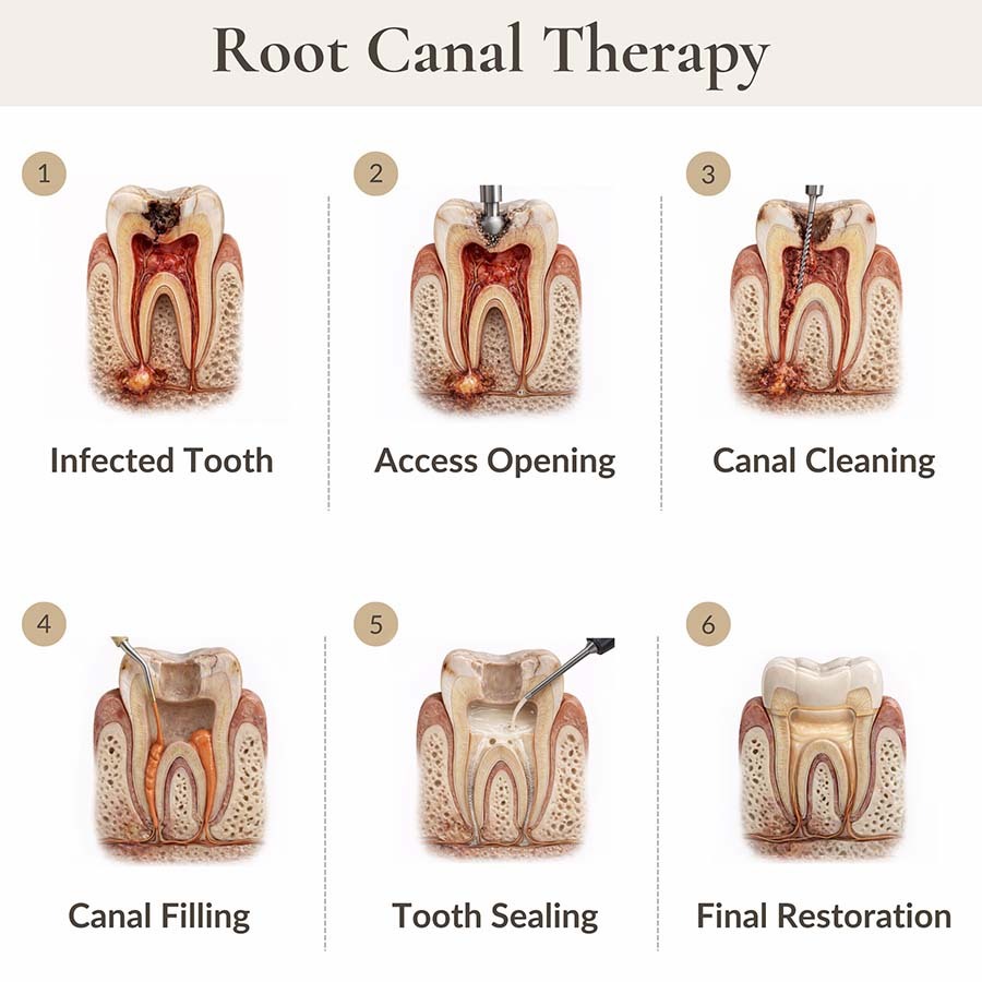 Root canal procedure steps showing infected tooth, access opening, canal cleaning, gutta-percha filling, tooth sealing, and final crown restoration at NYC Dentistry Center in Midtown Manhattan