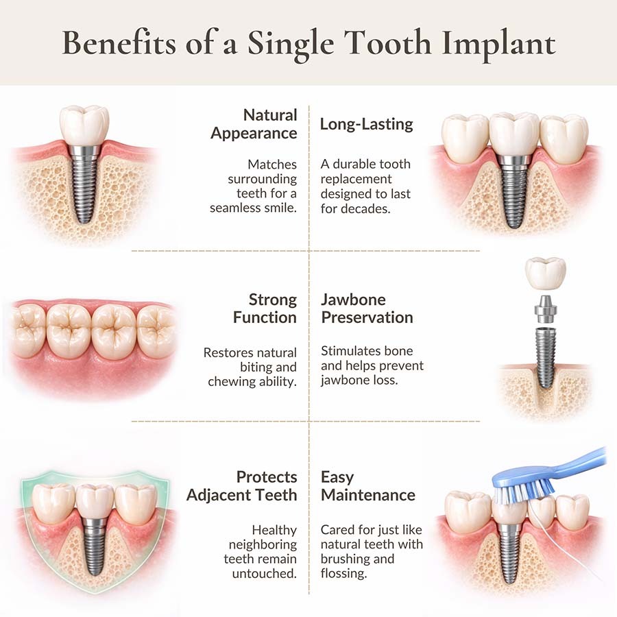 Infographic showing benefits of a single tooth dental implant including natural appearance, jawbone preservation, protection of adjacent teeth, and easy maintenance at NYC Dentistry Center Midtown Manhattan