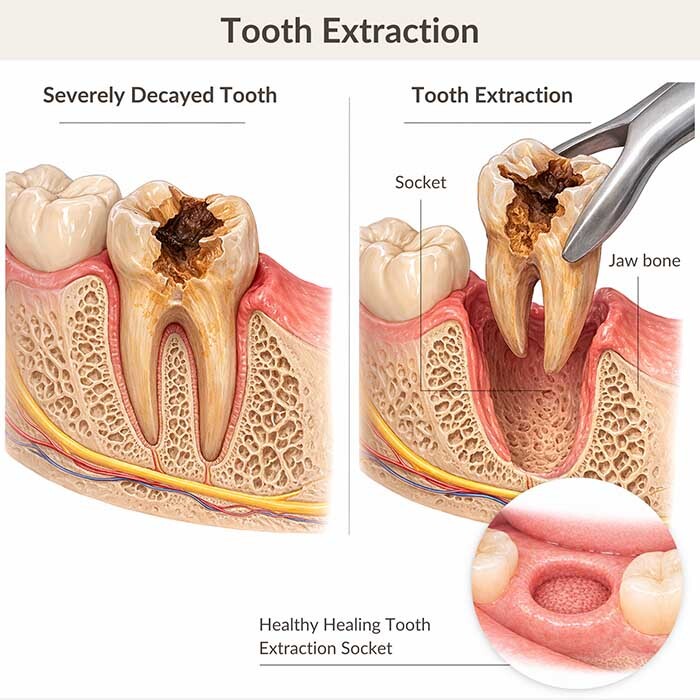Severely decayed molar and tooth extraction procedure showing removal from jaw bone and healthy healing socket