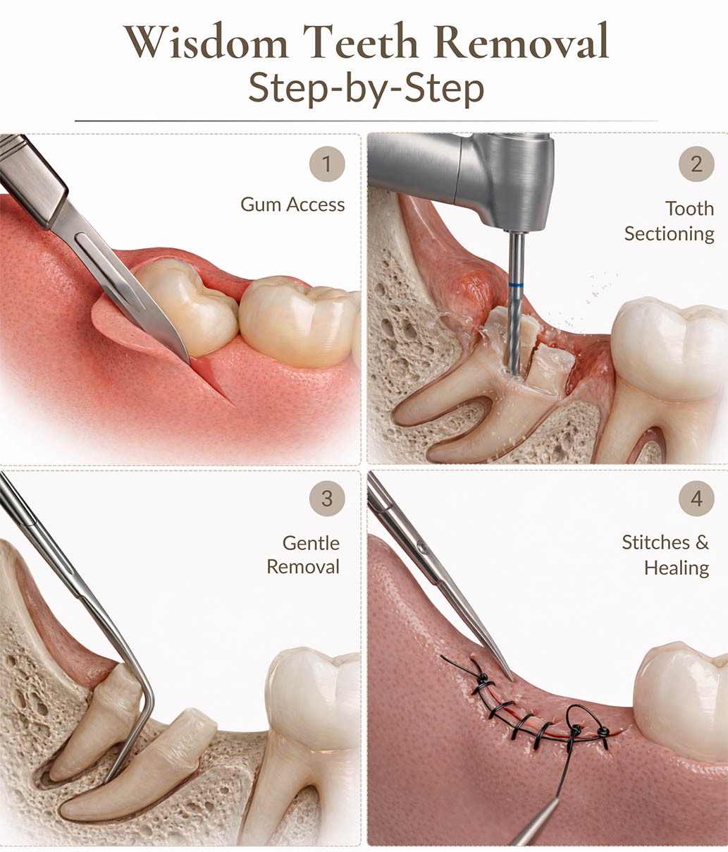 Step-by-step surgical wisdom teeth removal procedure showing gum incision, tooth sectioning, gentle extraction, and suturing at NYC Dentistry Center in Midtown Manhattan.