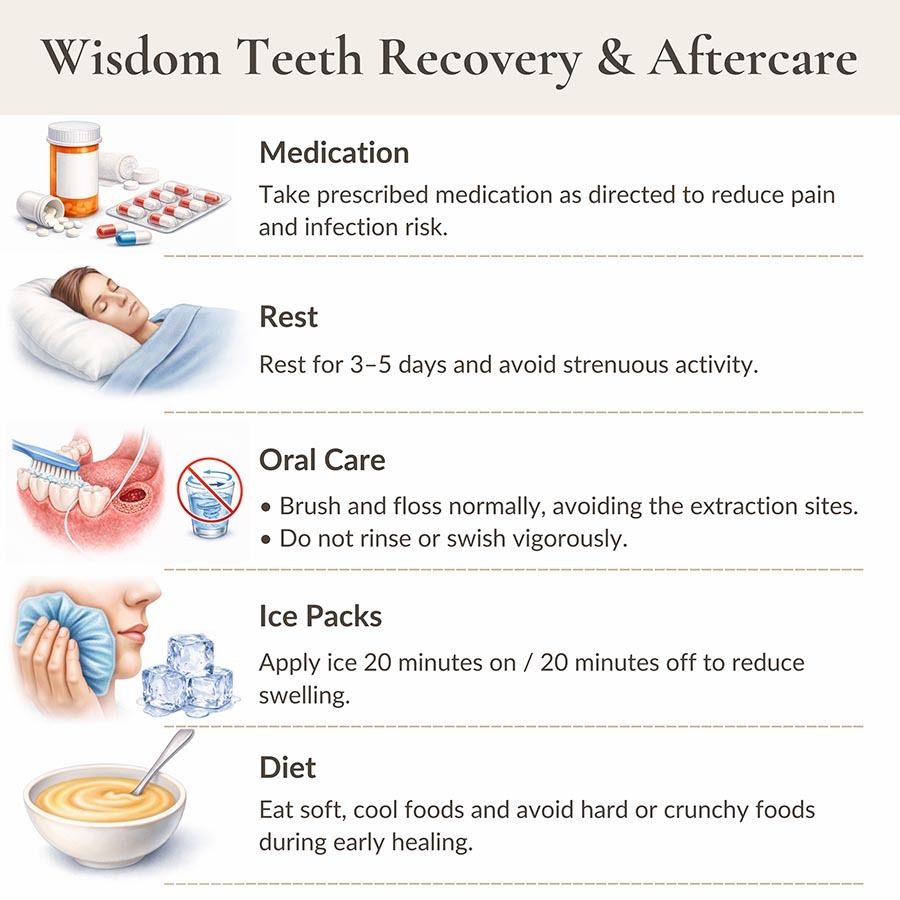 Dental infographic illustrating proper oral hygiene after wisdom tooth extraction