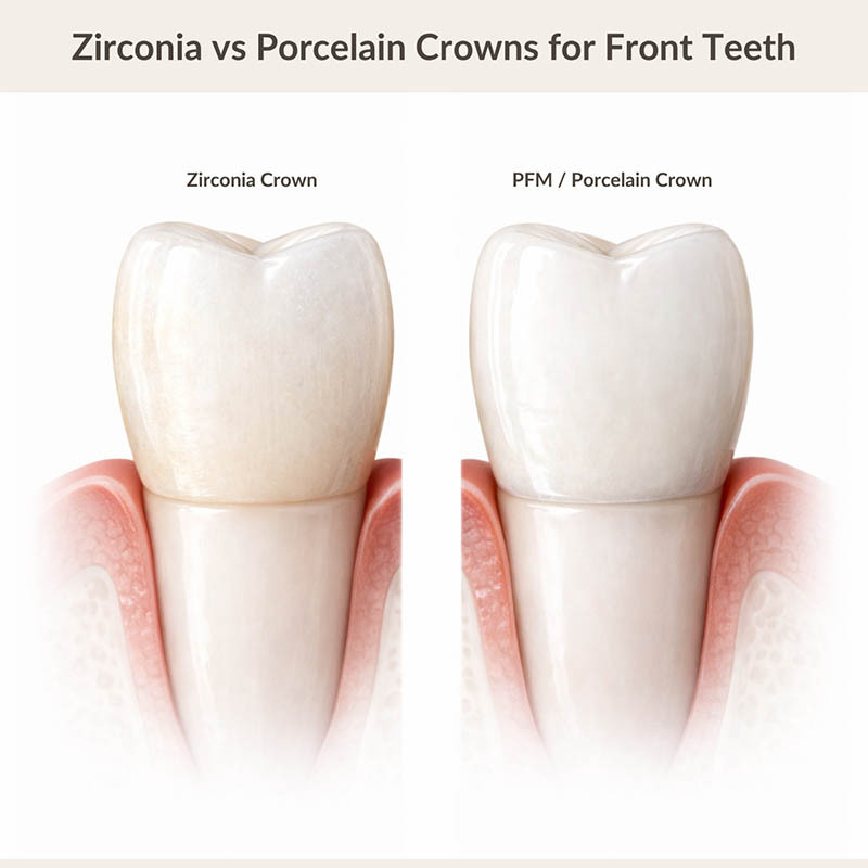 Zirconia vs porcelain dental crowns comparison for front teeth showing aesthetic differences at NYC Dentistry Center Midtown East Manhattan
