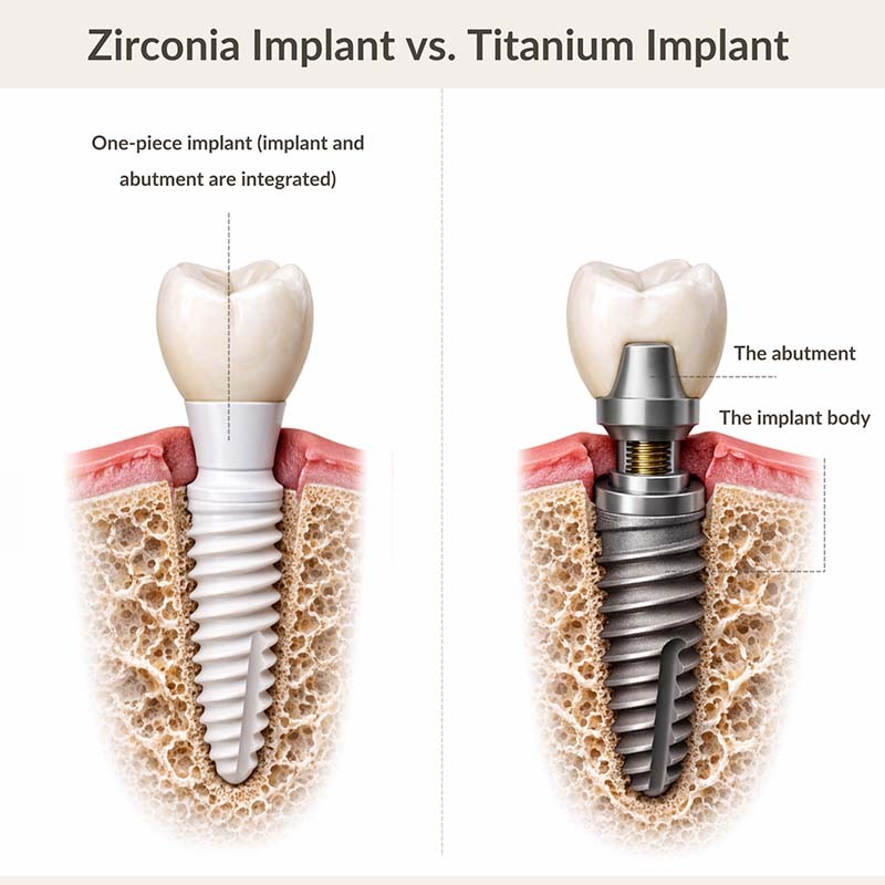 Zirconia vs titanium dental implants comparison showing one-piece zirconia implant and two-piece titanium implant system in jawbone cross-section at NYC Dentistry Center in Midtown East