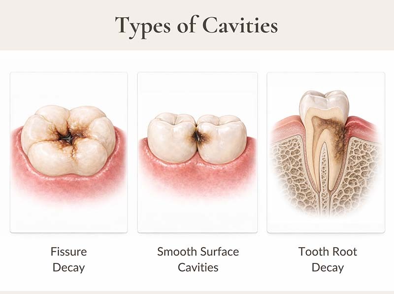 Types of cavities including fissure decay, smooth surface cavities, and tooth root decay shown in dental illustration