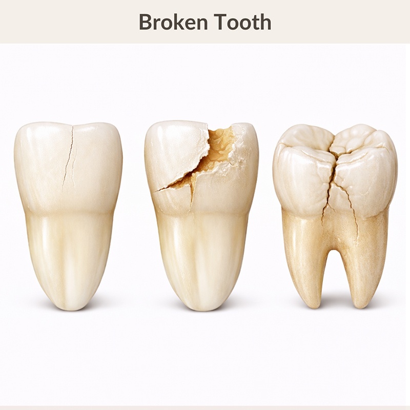Progression of a broken tooth showing hairline crack, fractured tooth, and split tooth with exposed dentin
