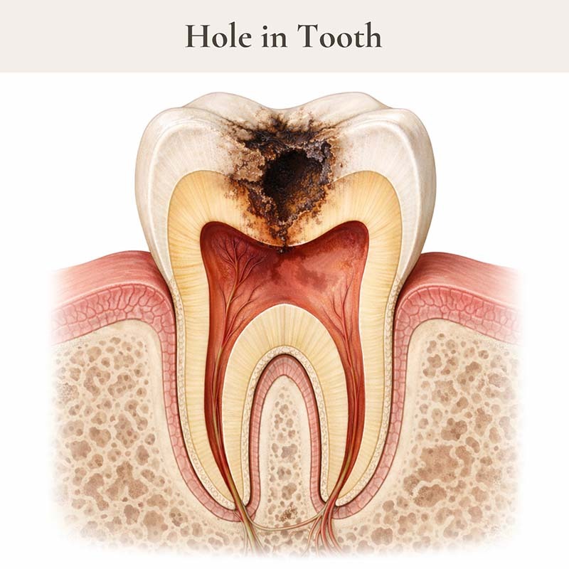 Cross-section of a tooth showing a cavity or hole in tooth reaching dentin and pulp, illustrating tooth decay progression