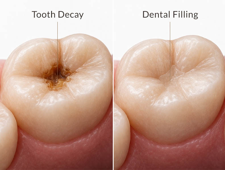 Illustration of molar tooth decay treated with dental filling and composite restoration in NYC.