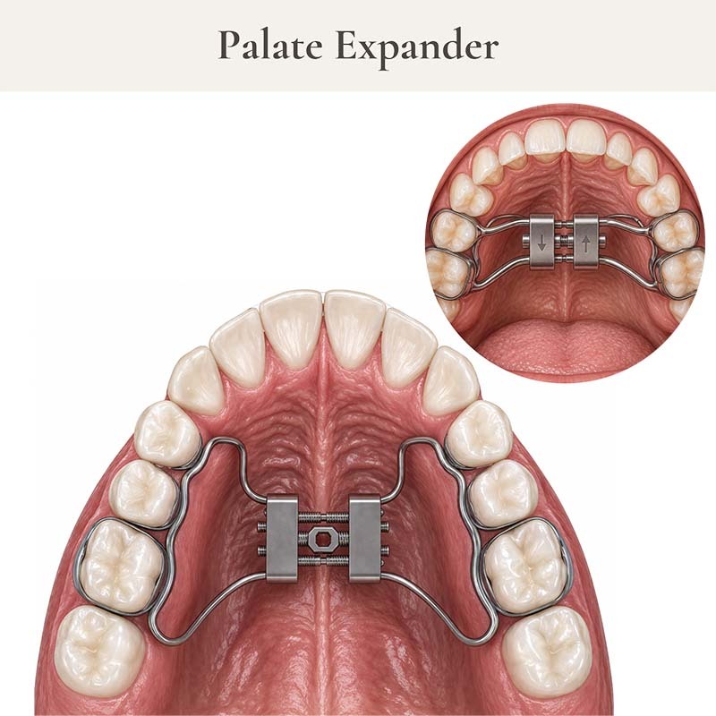 Medical illustration of a palate expander appliance in the upper jaw showing gradual widening of the maxillary arch to create space for proper tooth alignment