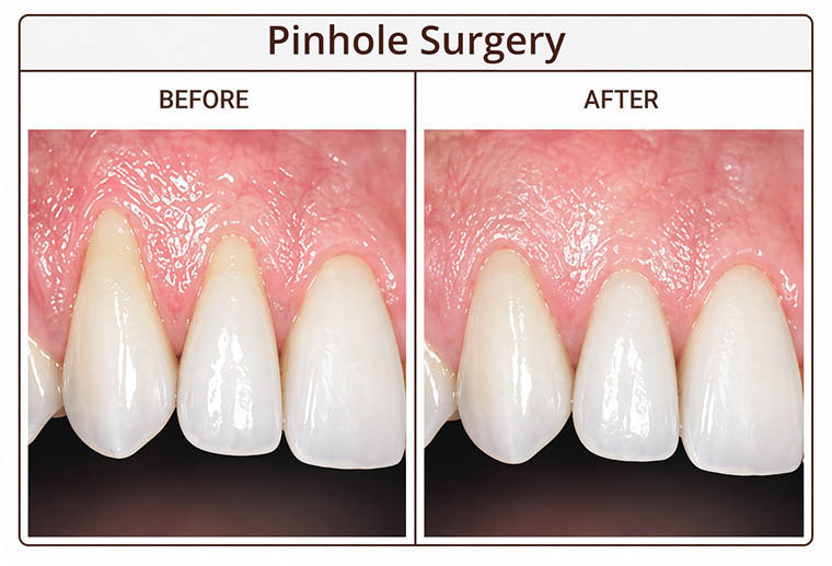 Pinhole Surgical Technique in NYC showing minimally invasive gum recession treatment with coronal repositioning of gum tissue over exposed root