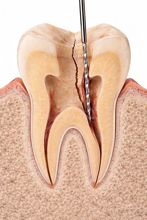 Root canal therapy for a severely broken tooth, showing vertical fracture and internal damage treated at NYC Dentistry Center