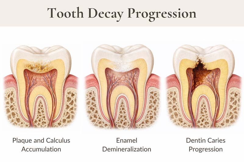 Tooth decay progression stages illustration used by NYC Dentistry Center showing plaque accumulation, enamel erosion, and dentin caries