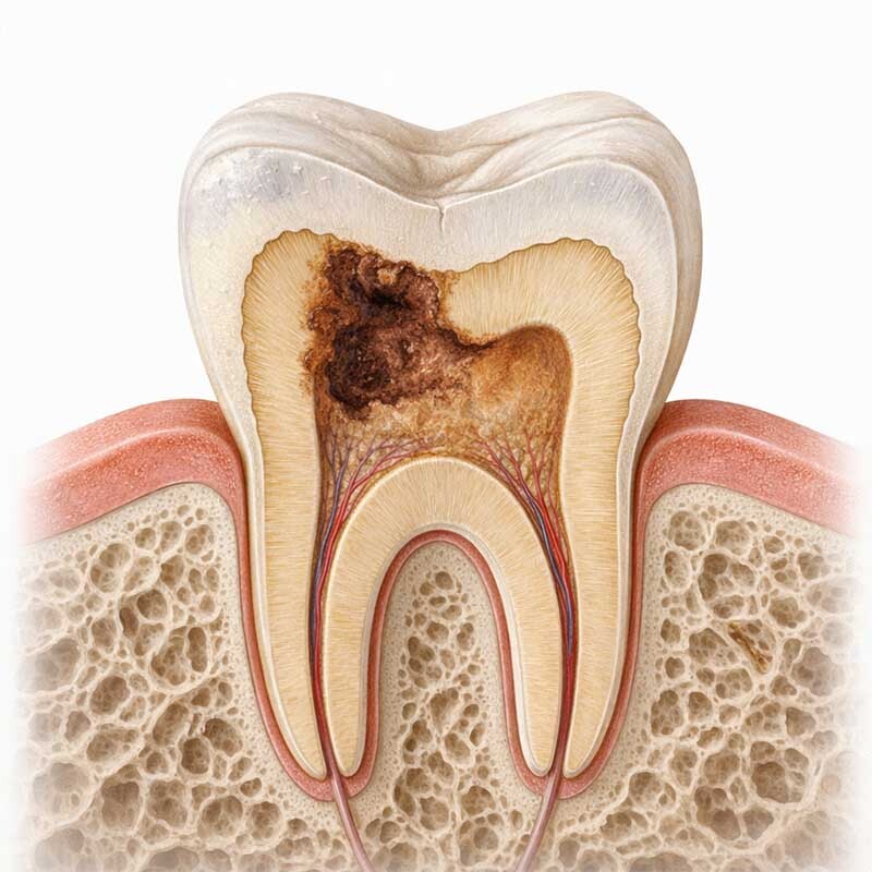 Tooth decay cross section showing cavity progression into pulp and nerves treated by dentist in NYC