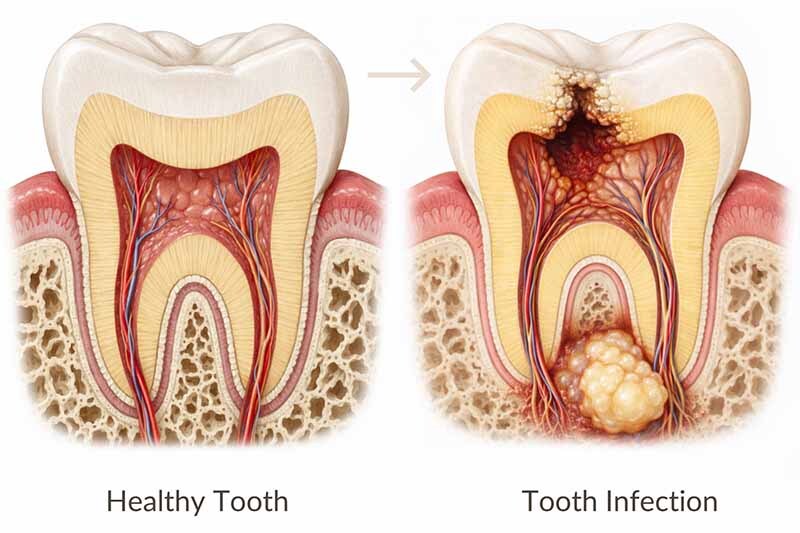 Tooth infection progression with cavity, inflamed pulp, and periapical abscess – NYC Dentistry Center