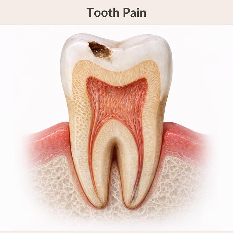 Cross-section of a tooth with cavity and sensitivity causing tooth pain, shown at NYC Dentistry Center in Midtown East Manhattan
