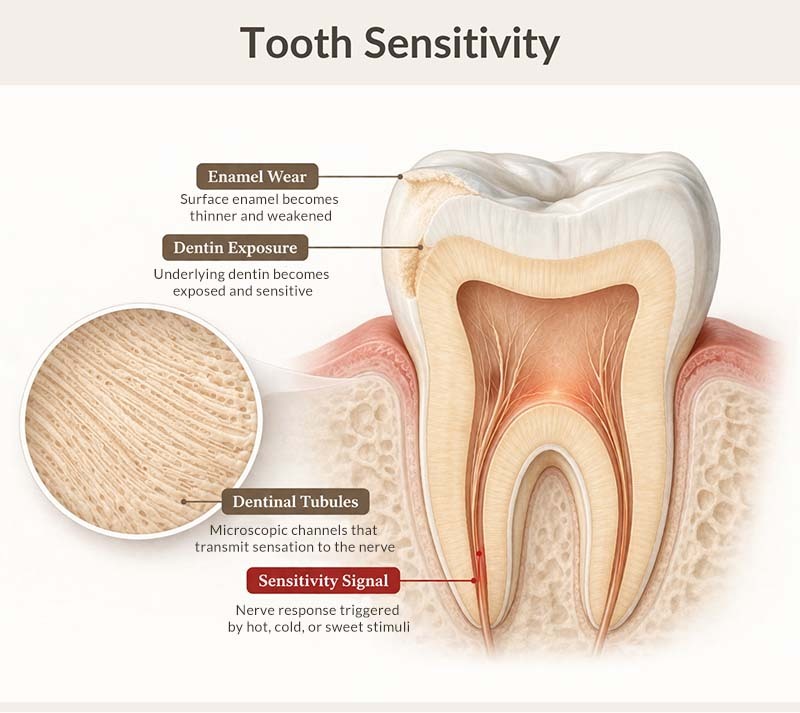 Clinical illustration of tooth sensitivity showing enamel wear, exposed dentin, and dentinal tubules transmitting nerve signals, explained by NYC Dentistry Center in Midtown East Manhattan