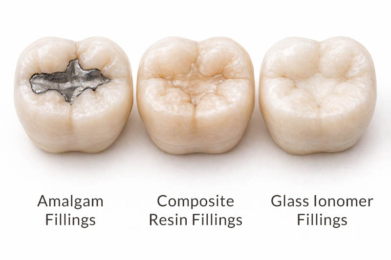 Comparison illustration of amalgam, composite resin, and glass ionomer dental fillings on molar teeth.