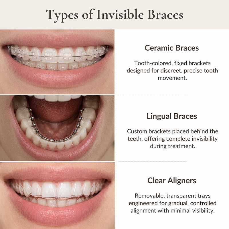 Types of invisible braces including ceramic braces, lingual braces, and clear aligners shown in a clinical comparison for patients in Midtown East NYC
