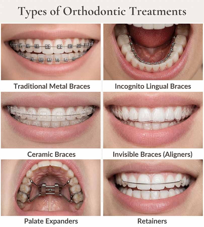 Types of orthodontic treatments including metal braces lingual braces ceramic braces clear aligners palate expanders and retainers Midtown East NYC Dentistry Center