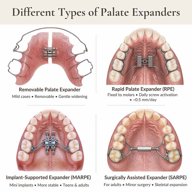 Orthodontic diagram of palate expanders including removable expander, RPE, MARPE, and SARPE devices used to widen the upper jaw and correct bite alignment