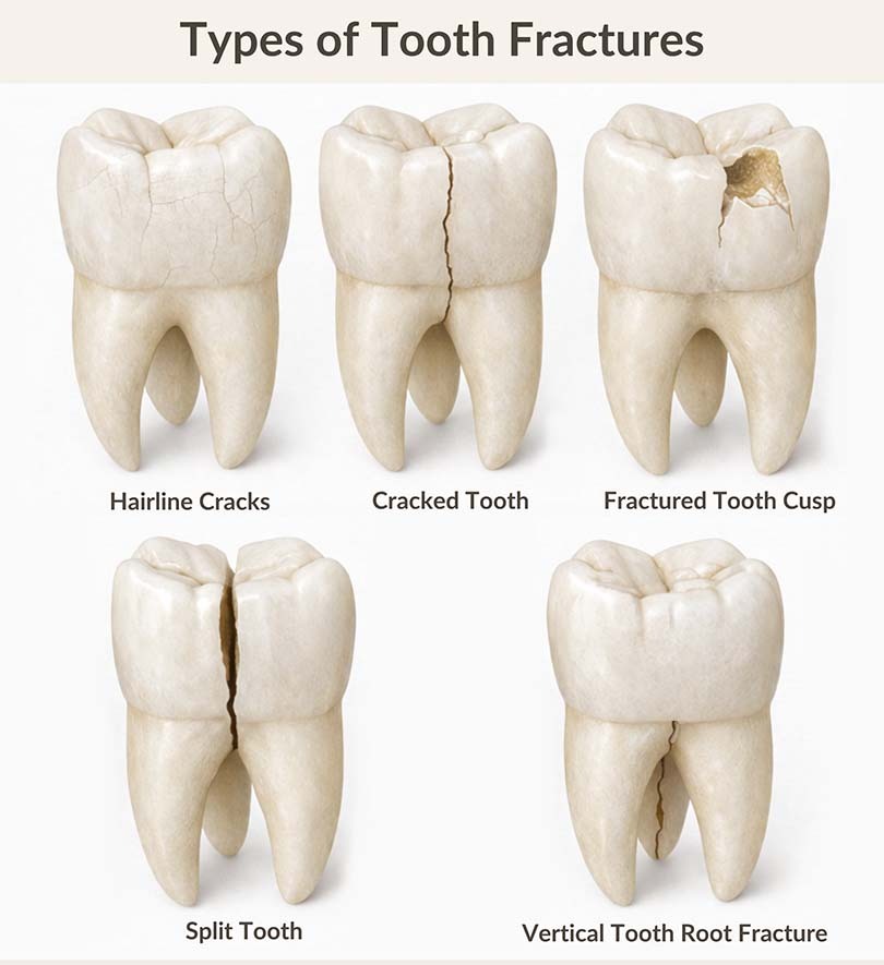 Illustration of types of tooth fractures including hairline cracks, cracked tooth, fractured cusp, split tooth, and vertical root fracture