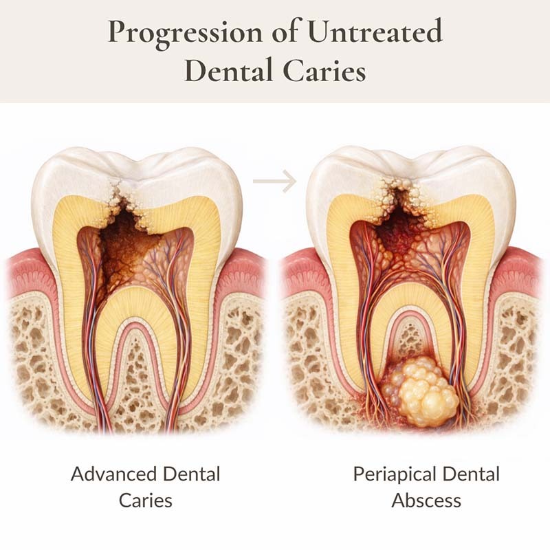 Advanced tooth decay progressing to dental abscess with bone involvement illustrated by NYC Dentistry Center