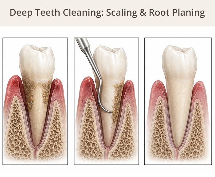 Illustration of deep teeth cleaning with scaling and root planing removing calculus from tooth roots below the gumline at NYC Dentistry Center in Midtown East